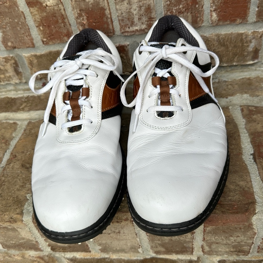 FJ FootJoy Men's Contour Leather Golf Shoes White Black Brown Size 12 Extra Wide - Picture 4 of 11